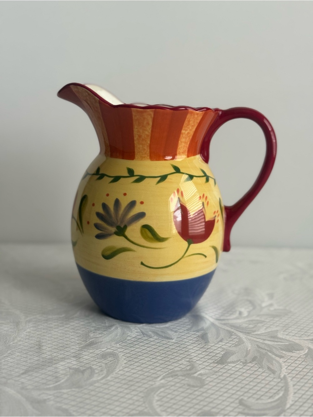 Pfaltzgraff Hand-Painted Floral Pitcher in Yellow, Blue and Red
